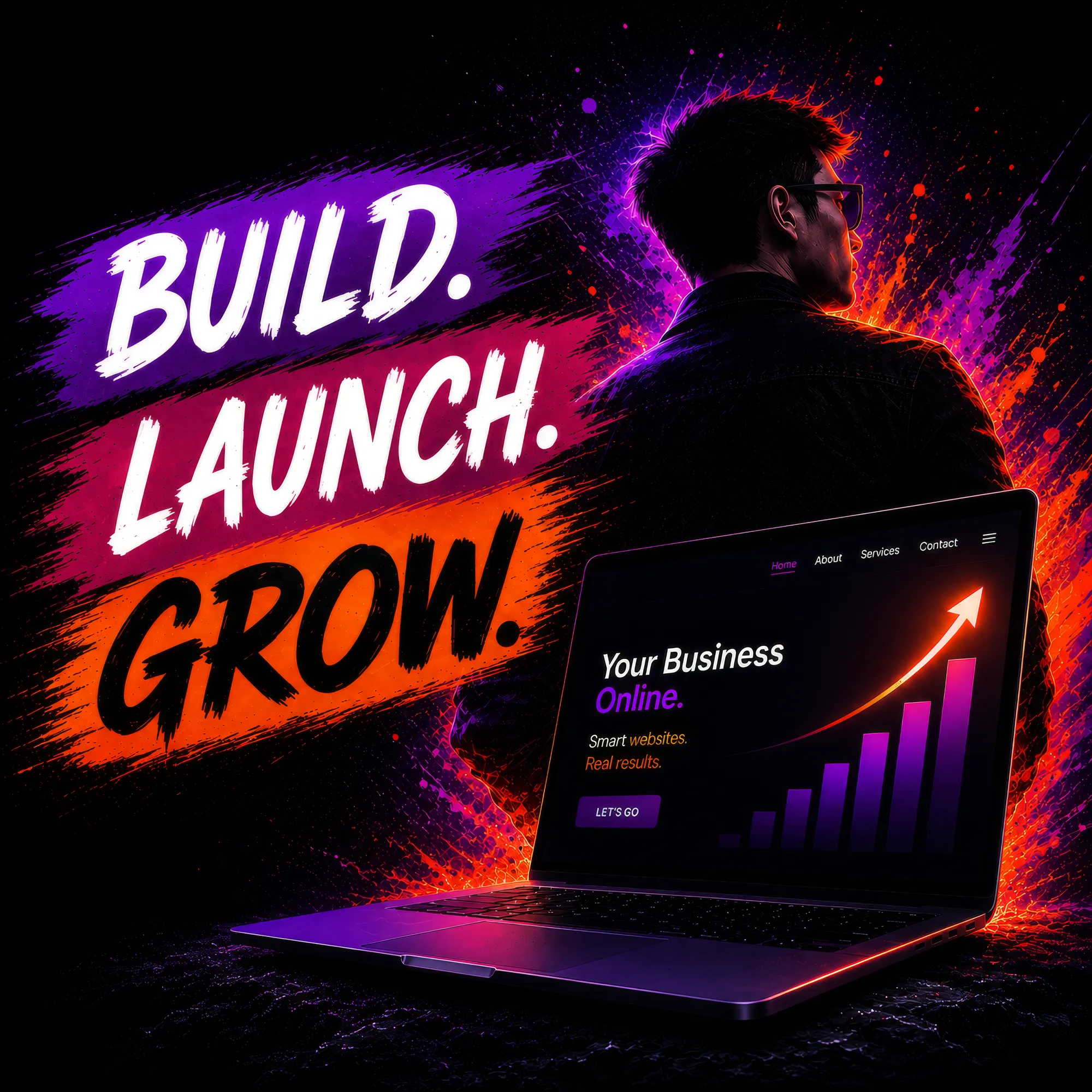 Build, launch and grow your business online — a laptop showing a business website with a rising growth chart